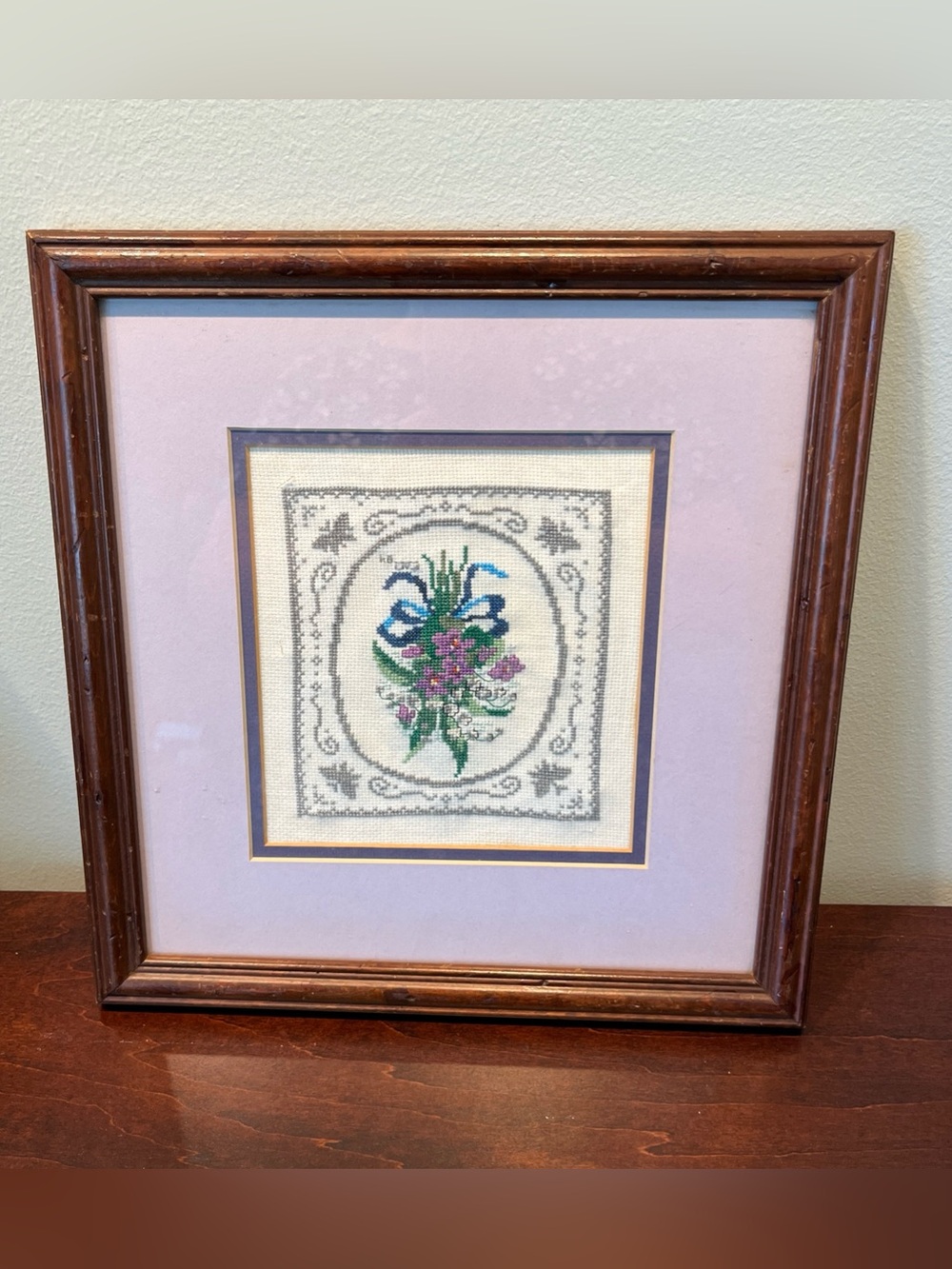Vintage Handmade Floral Bouquet Cross Stitch Professionally Framed Matted 12x13
